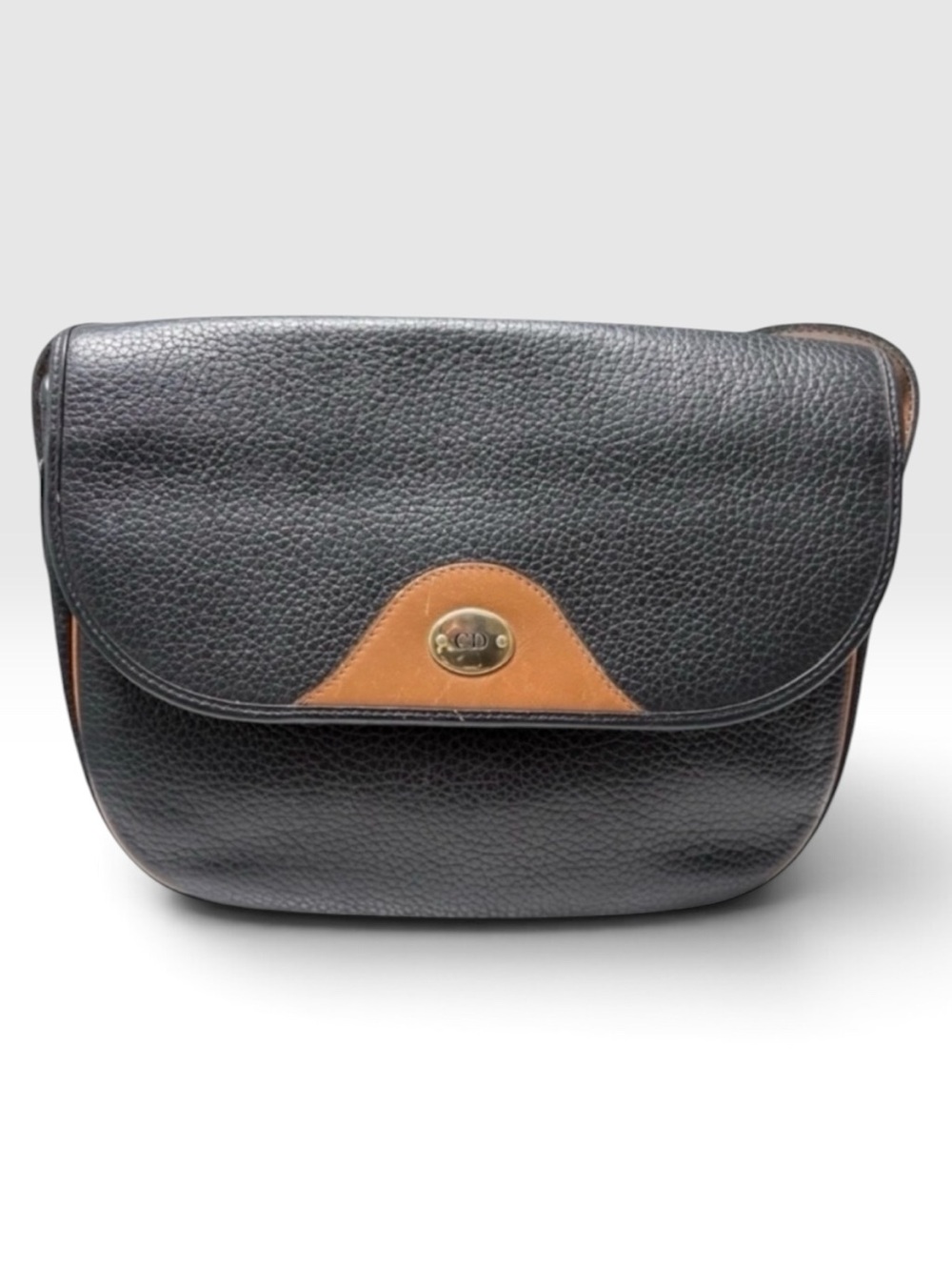 Vintage Christian Dior Black Tan Pebbled Leather Crossbody Bag and Pouch EUC